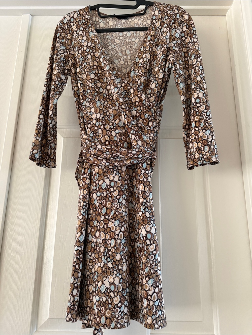 BCBGMaxAzria Brown Printed Wrap Dress with Light Blue and Cream Spots